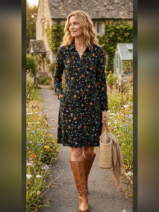 J. Jill Dresses & Skirts - J.Jill Women’s Dark Navy Floral Long Sleeve Midi Shirt Dress Size Small